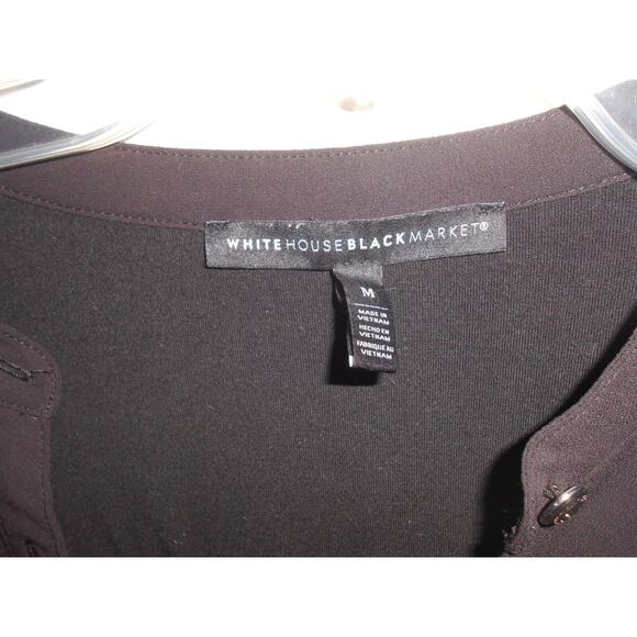 White House Black Market Jet Black V-Neck Top Pullover Ruffled Neckline Cuffed M - Picture 3 of 6